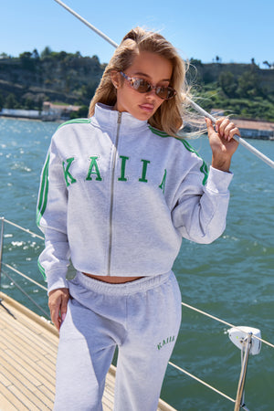 Kaiia Sport Stripe Funnel Neck Zip Through Sweatshirt Light Grey Marl & Appletini Green