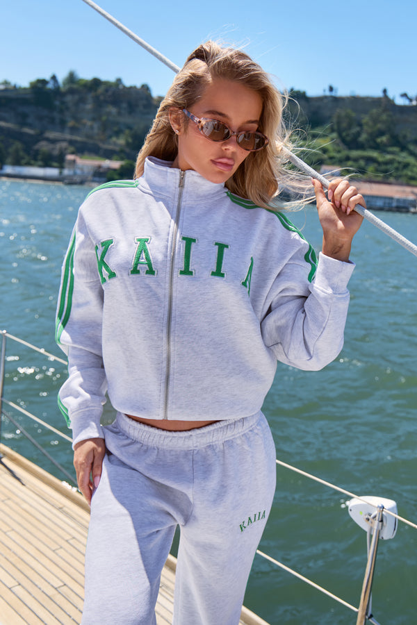 Kaiia Sport Stripe Funnel Neck Zip Through Sweatshirt Light Grey Marl & Appletini Green