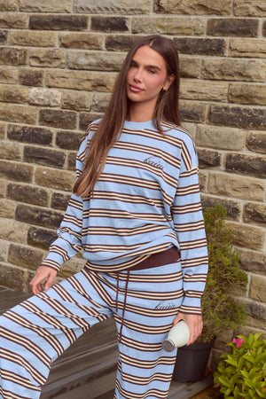 Kaiia Knit Striped Oversized Sweatshirt Baby Blue & Chocolate