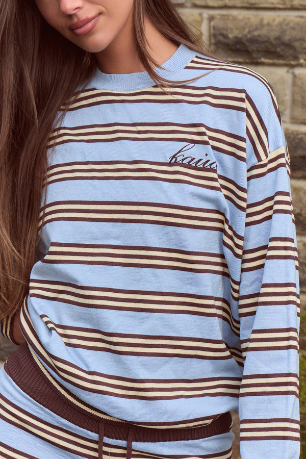 Kaiia Knit Striped Oversized Sweatshirt Baby Blue & Chocolate