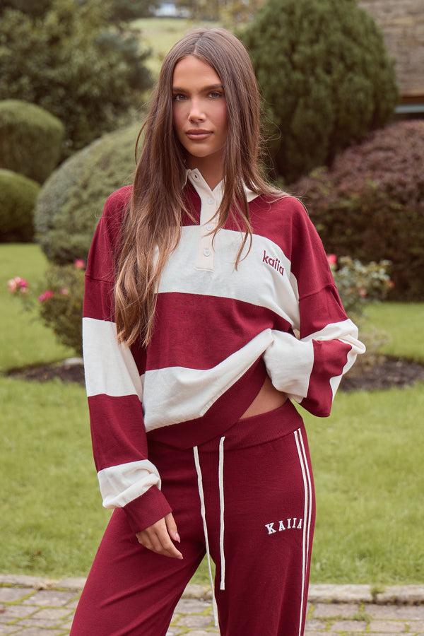 Kaiia Lightweight Knit Oversized Rugby Style Shirt Dark Cherry & Cream