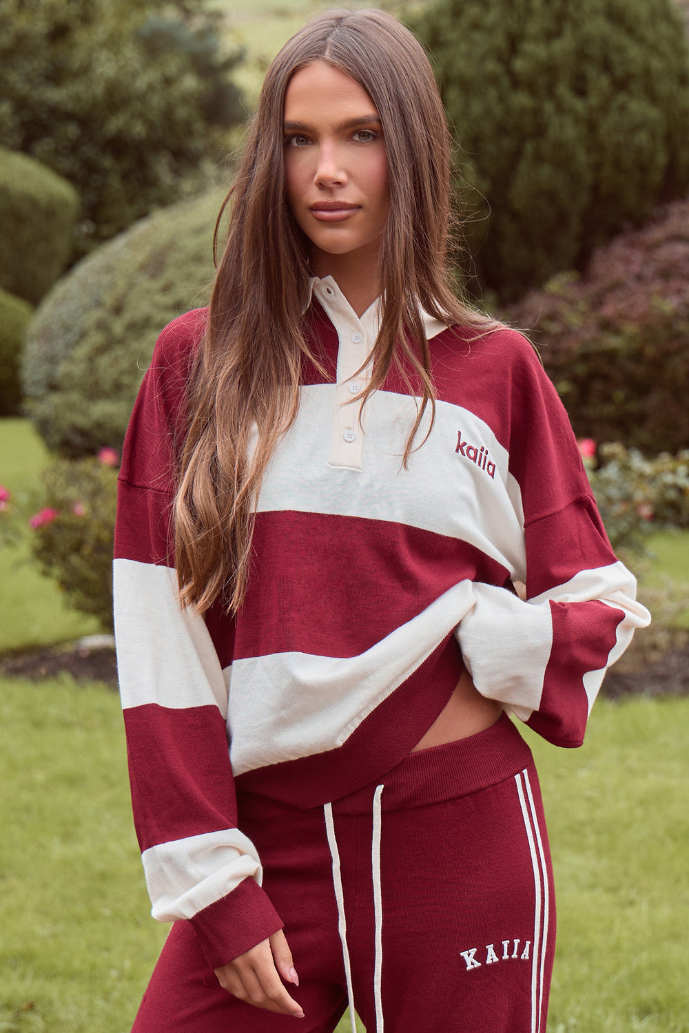 Kaiia Lightweight Knit Oversized Rugby Style Shirt Dark Cherry & Cream