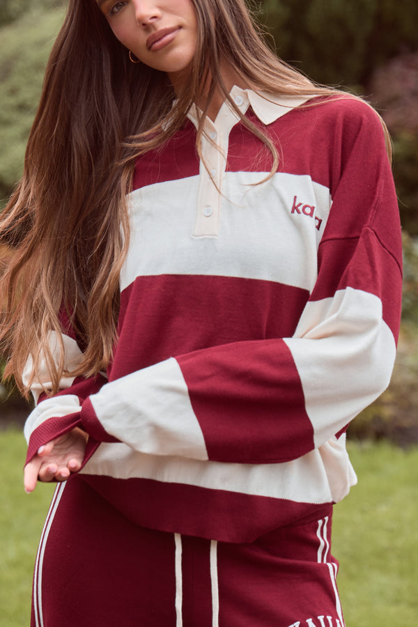 Kaiia Lightweight Knit Oversized Rugby Style Shirt Dark Cherry & Cream