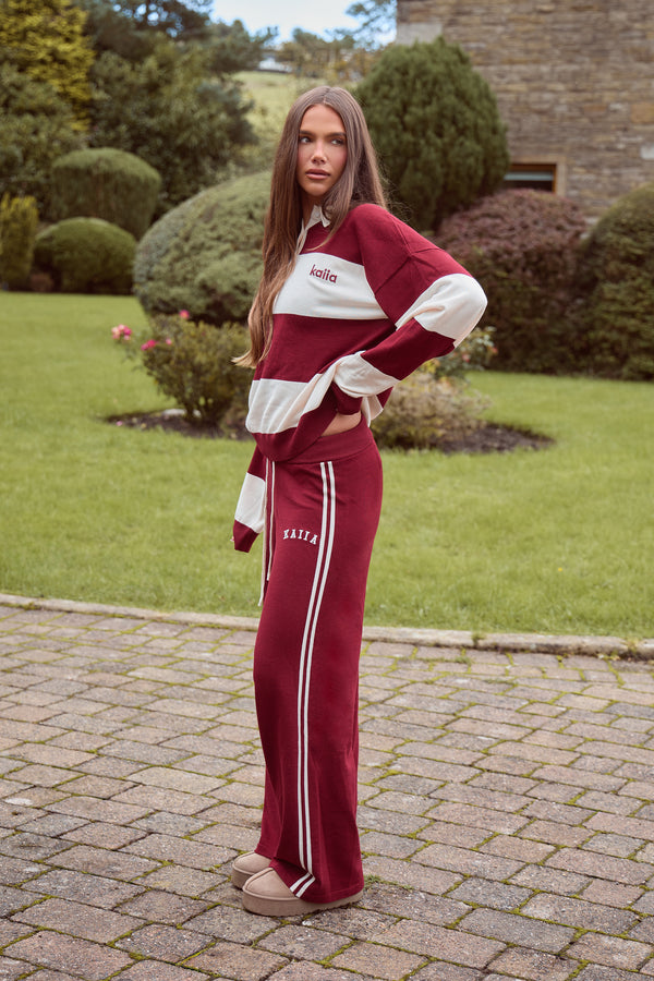 Kaiia Lightweight Knit Oversized Rugby Style Shirt Dark Cherry & Cream