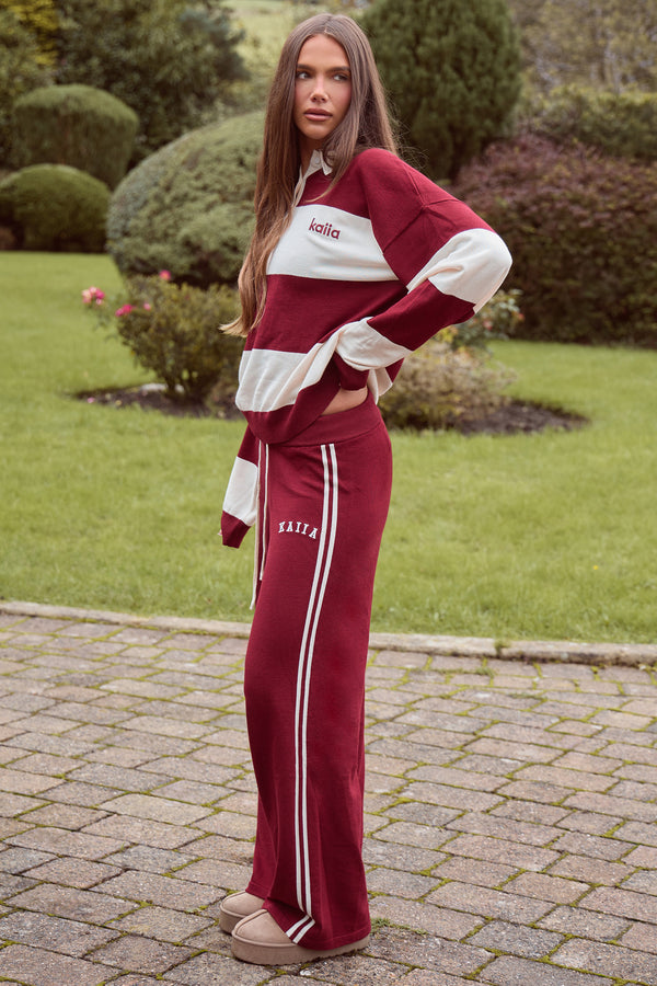 Kaiia Lightweight Knit Oversized Rugby Style Shirt Dark Cherry & Cream