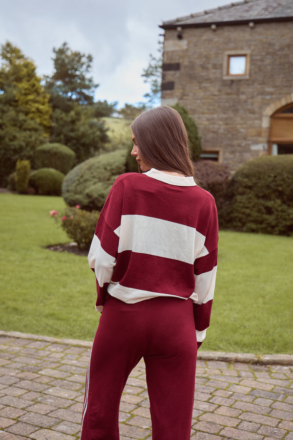 Kaiia Lightweight Knit Oversized Rugby Style Shirt Dark Cherry & Cream