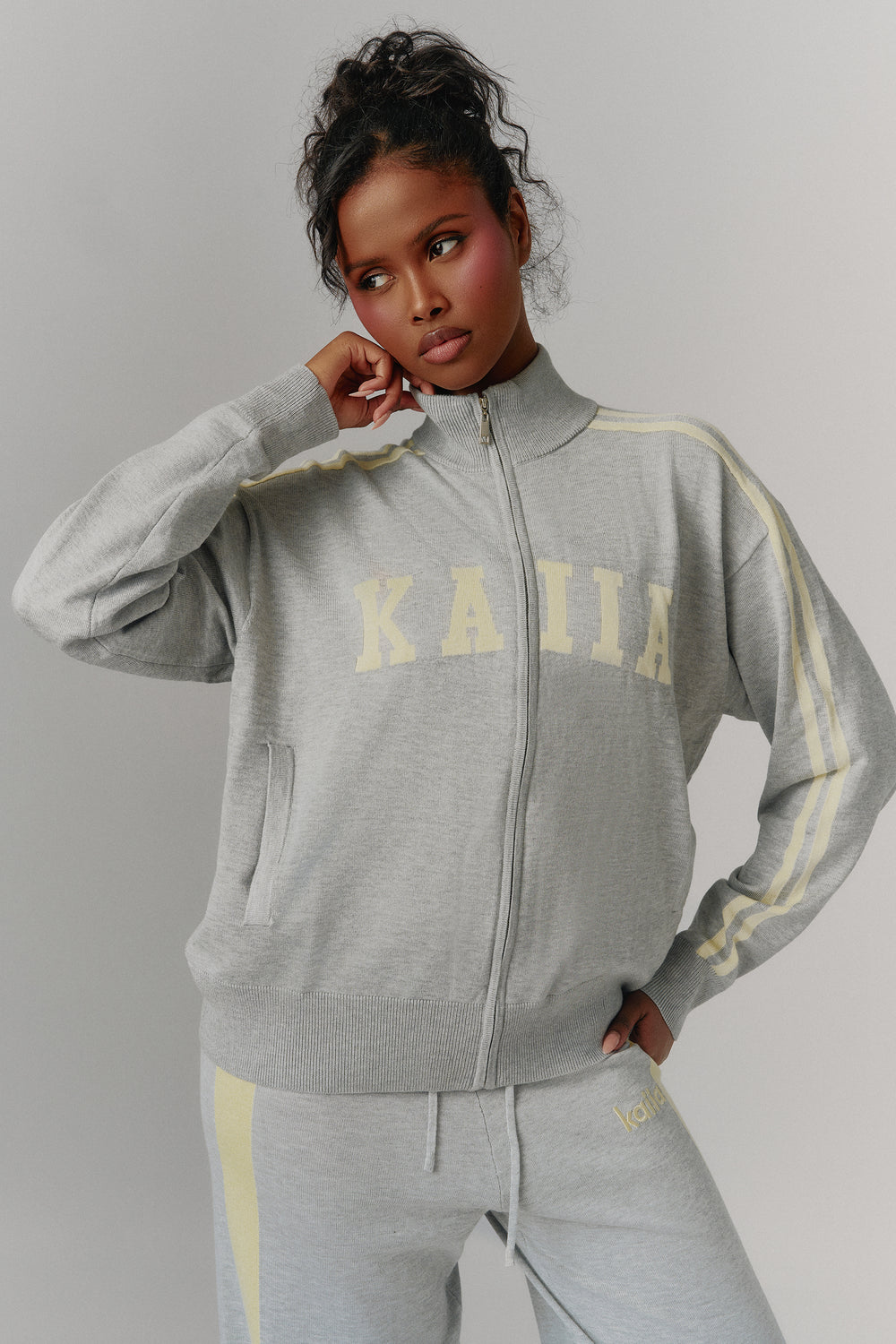 Kaiia Lightweight Knit Sport Stripe Zip Through Sweatshirt Grey Marl & Lemon