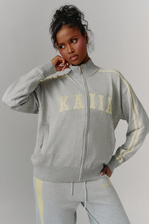 Kaiia Lightweight Knit Sport Stripe Zip Through Sweatshirt Grey Marl & Lemon