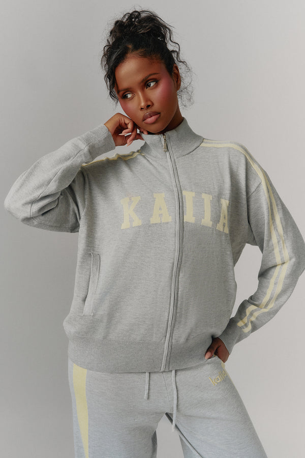 Kaiia Lightweight Knit Sport Stripe Zip Through Sweatshirt Grey Marl & Lemon
