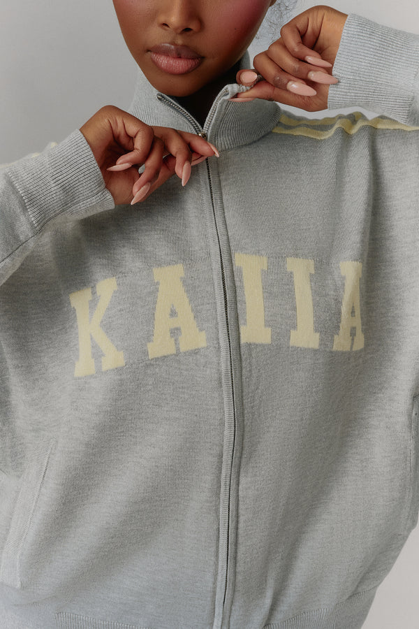 Kaiia Lightweight Knit Sport Stripe Zip Through Sweatshirt Grey Marl & Lemon