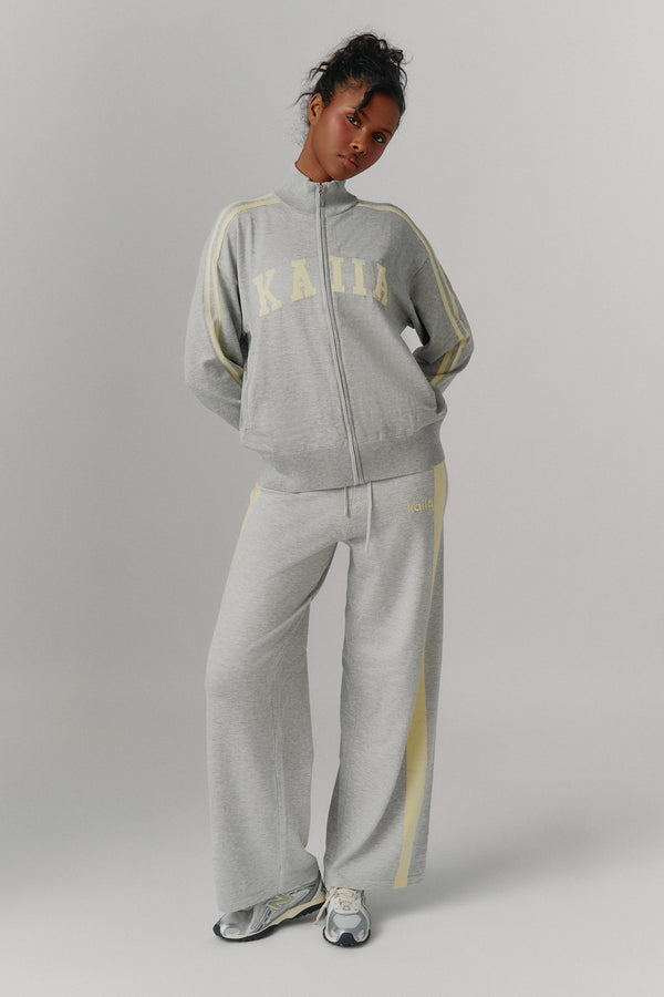 Kaiia Lightweight Knit Sport Stripe Zip Through Sweatshirt Grey Marl & Lemon