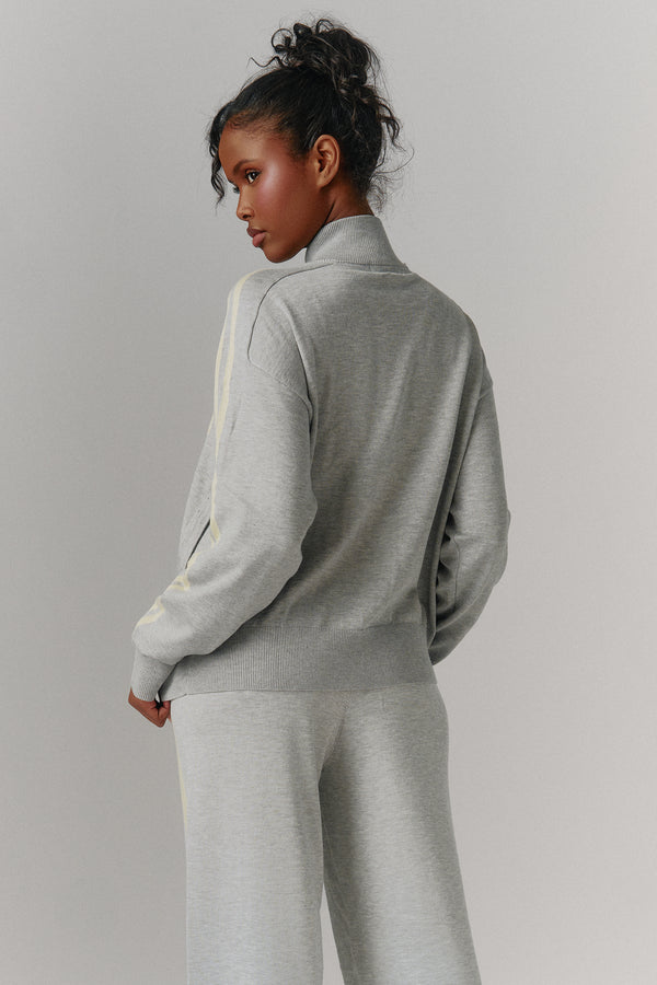 Kaiia Lightweight Knit Sport Stripe Zip Through Sweatshirt Grey Marl & Lemon