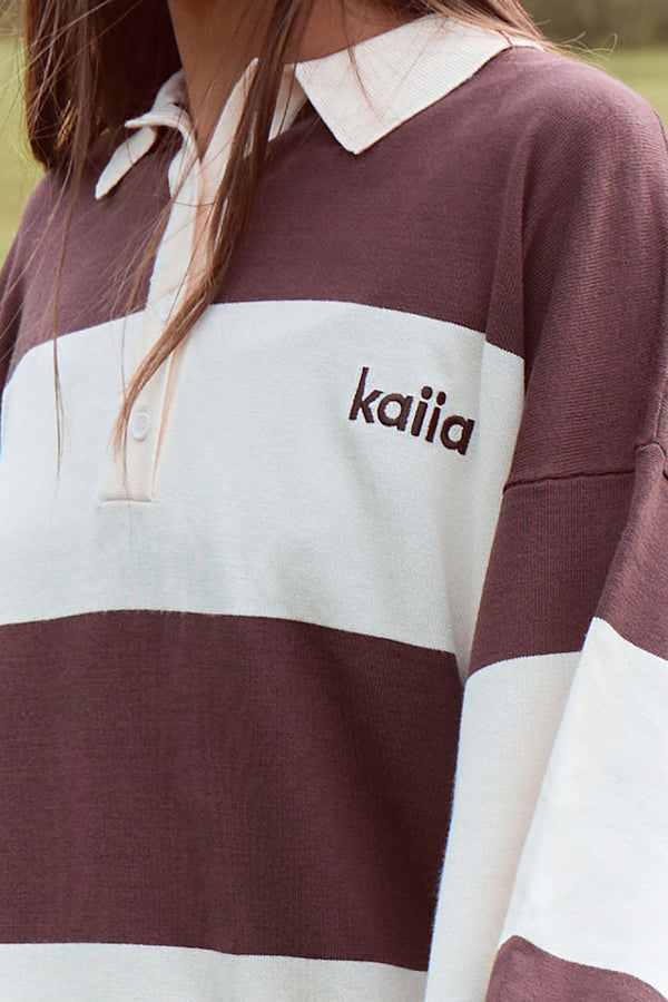 Kaiia Lightweight Knit Oversized Rugby Style Shirt Stone & Chocolate