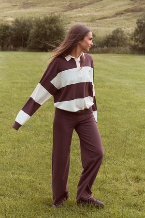 Kaiia Lightweight Knit Oversized Rugby Style Shirt Stone & Chocolate