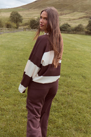 Kaiia Lightweight Knit Oversized Rugby Style Shirt Stone & Chocolate