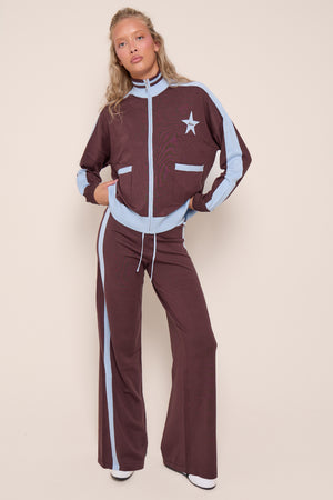 Kaiia Graphic Lightweight Knit Oversized Zip Through Sweatshirt Chocolate & Baby Blue