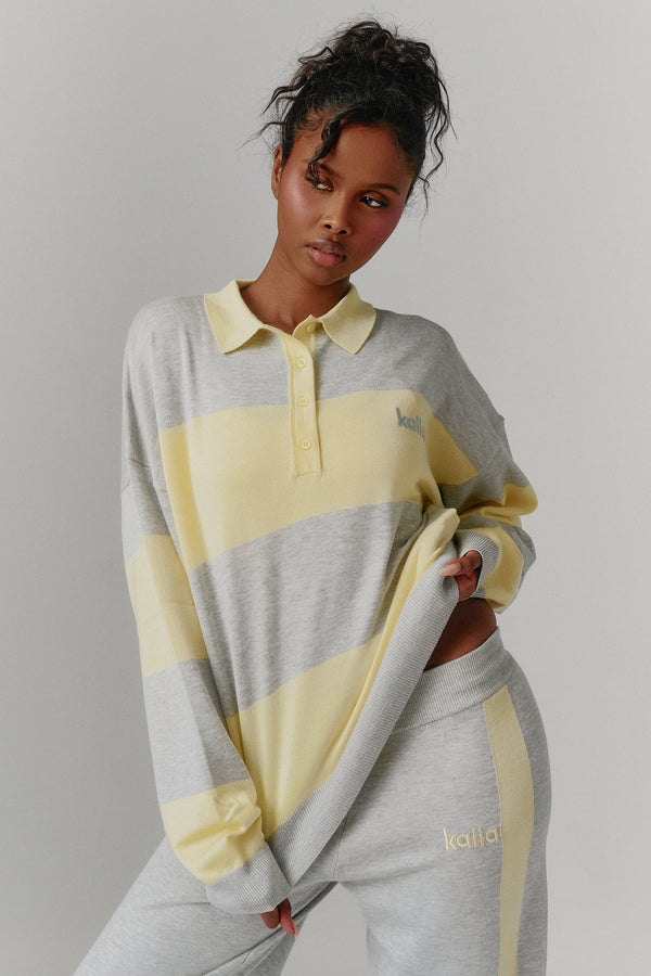 Kaiia Lightweight Knit Oversized Rugby Style Shirt Lemon & Grey Marl