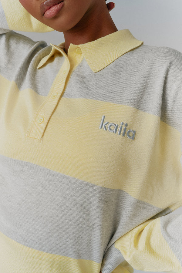 Kaiia Lightweight Knit Oversized Rugby Style Shirt Lemon & Grey Marl
