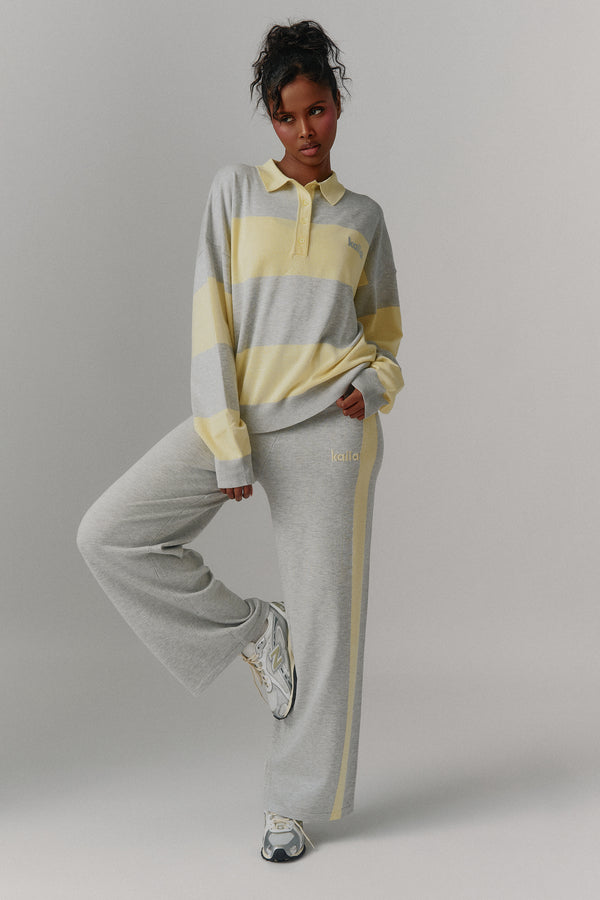 Kaiia Lightweight Knit Oversized Rugby Style Shirt Lemon & Grey Marl