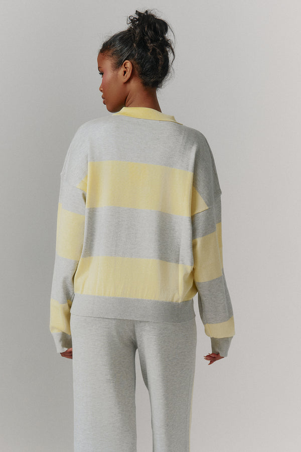 Kaiia Lightweight Knit Oversized Rugby Style Shirt Lemon & Grey Marl