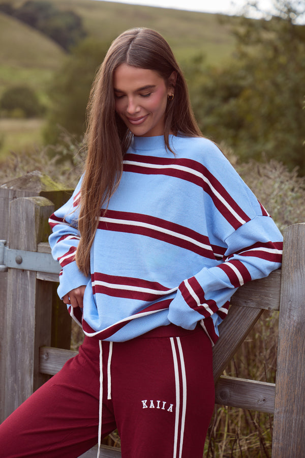 Kaiia Knit Striped Oversized Sweatshirt Blue & Burgundy
