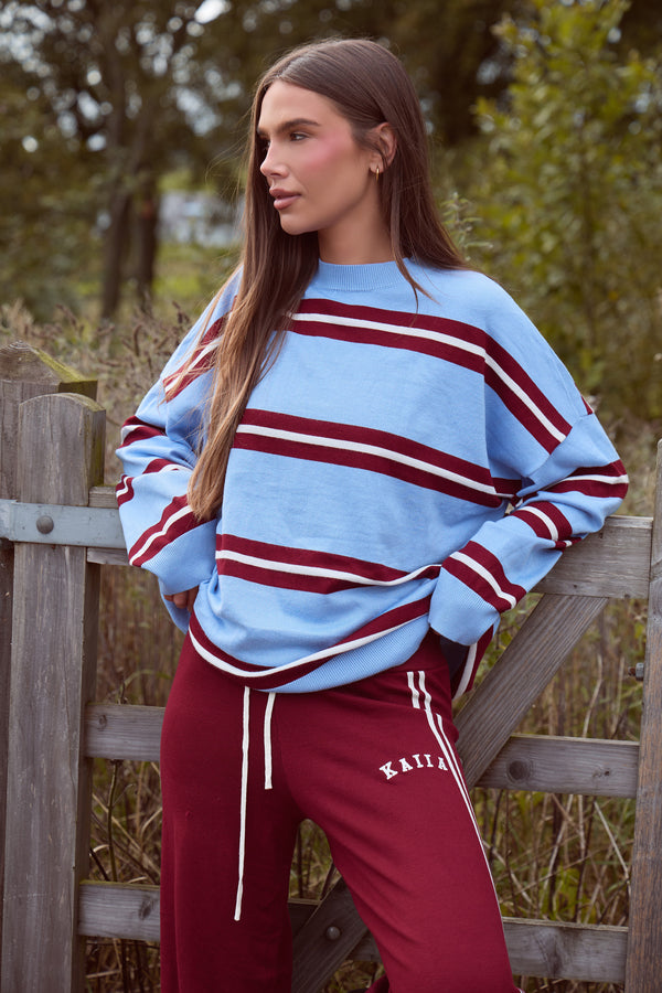 Kaiia Knit Striped Oversized Sweatshirt Blue & Burgundy