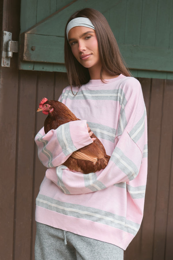Kaiia Knit Striped Oversized Sweatshirt Baby Pink & Grey