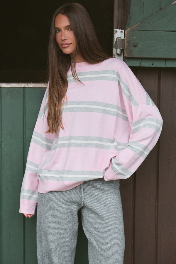 Kaiia Knit Striped Oversized Sweatshirt Baby Pink & Grey