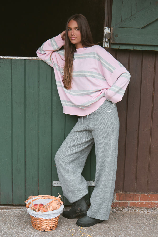 Kaiia Knit Striped Oversized Sweatshirt Baby Pink & Grey