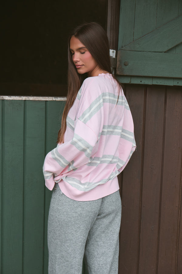 Kaiia Knit Striped Oversized Sweatshirt Baby Pink & Grey