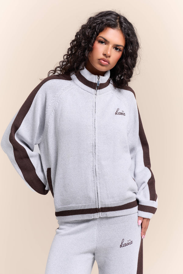 Kaiia Knit Sport Stripe Zip Through Sweatshirt Grey Marl & Chocolate