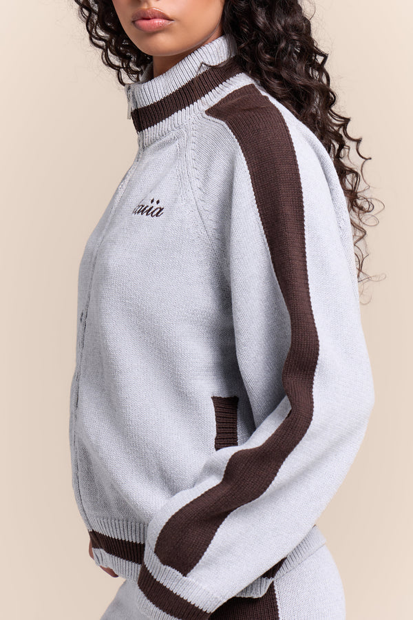 Kaiia Knit Sport Stripe Zip Through Sweatshirt Grey Marl & Chocolate