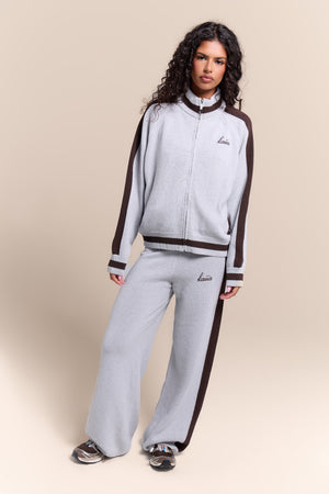 Kaiia Knit Sport Stripe Zip Through Sweatshirt Grey Marl & Chocolate