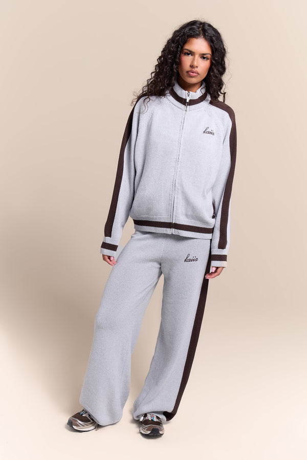 Kaiia Knit Sport Stripe Zip Through Sweatshirt Grey Marl & Chocolate
