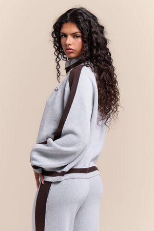 Kaiia Knit Sport Stripe Zip Through Sweatshirt Grey Marl & Chocolate
