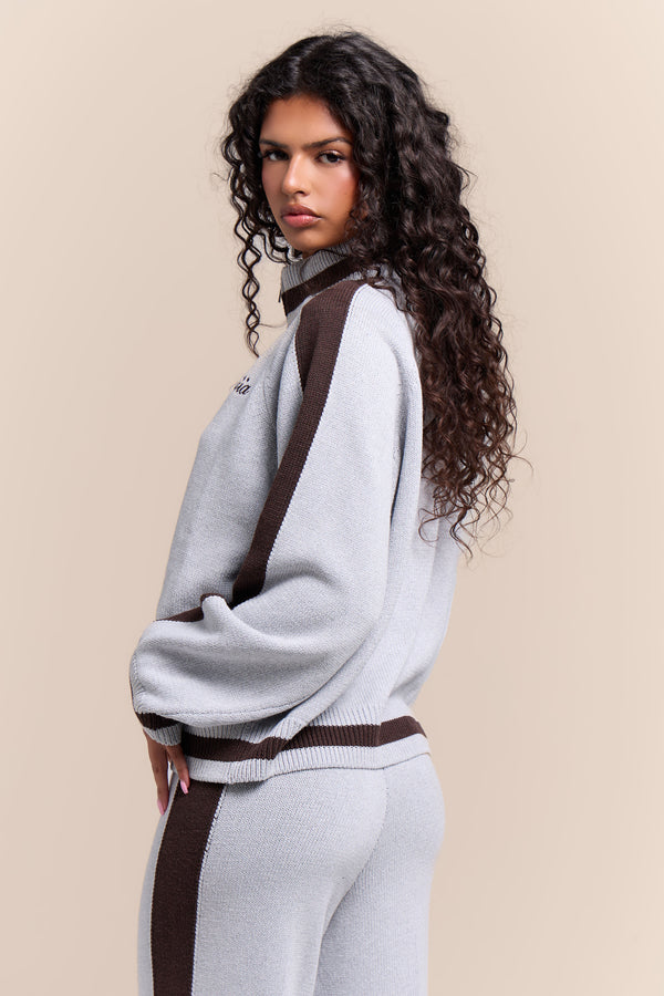 Kaiia Knit Sport Stripe Zip Through Sweatshirt Grey Marl & Chocolate