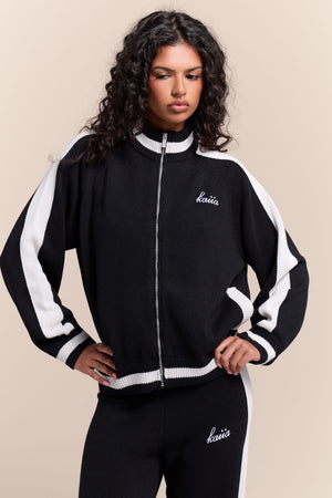 Kaiia Knit Sport Stripe Zip Through Sweatshirt Black & White