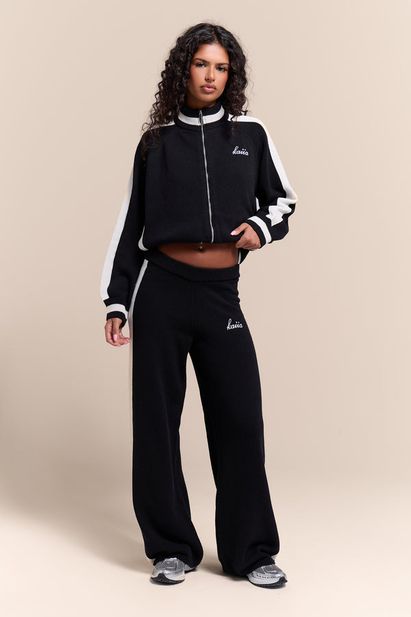 Kaiia Knit Sport Stripe Zip Through Sweatshirt Black & White