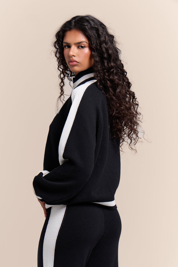 Kaiia Knit Sport Stripe Zip Through Sweatshirt Black & White
