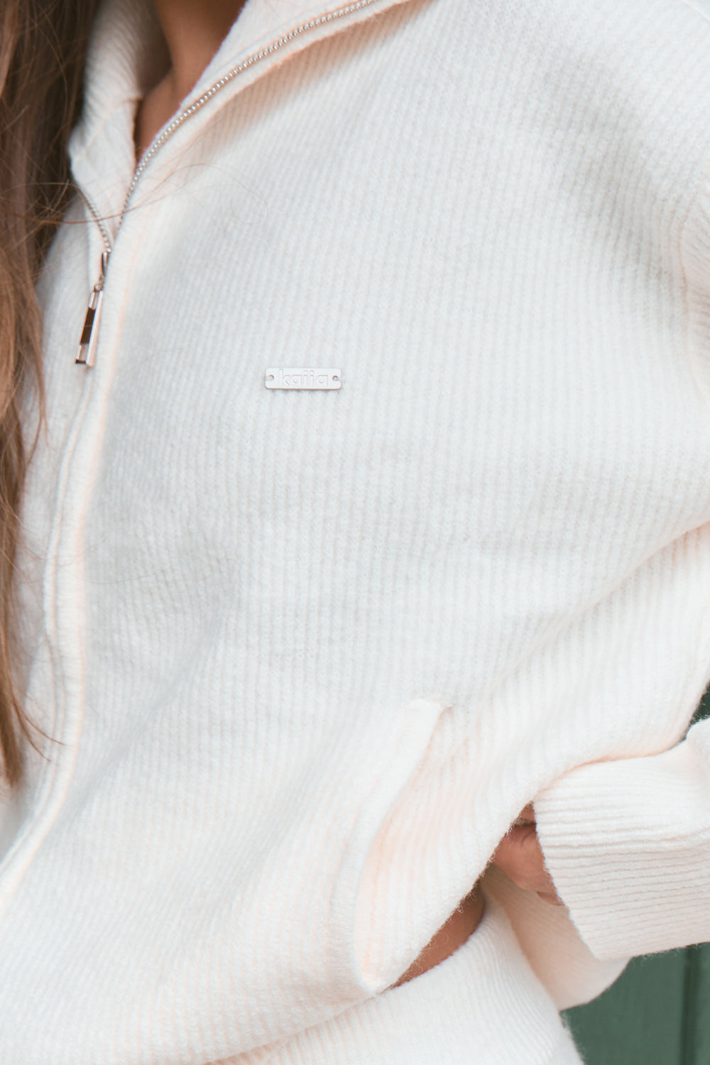 Kaiia Knit Oversized Funnel Neck Zip Through Jacket Cream
