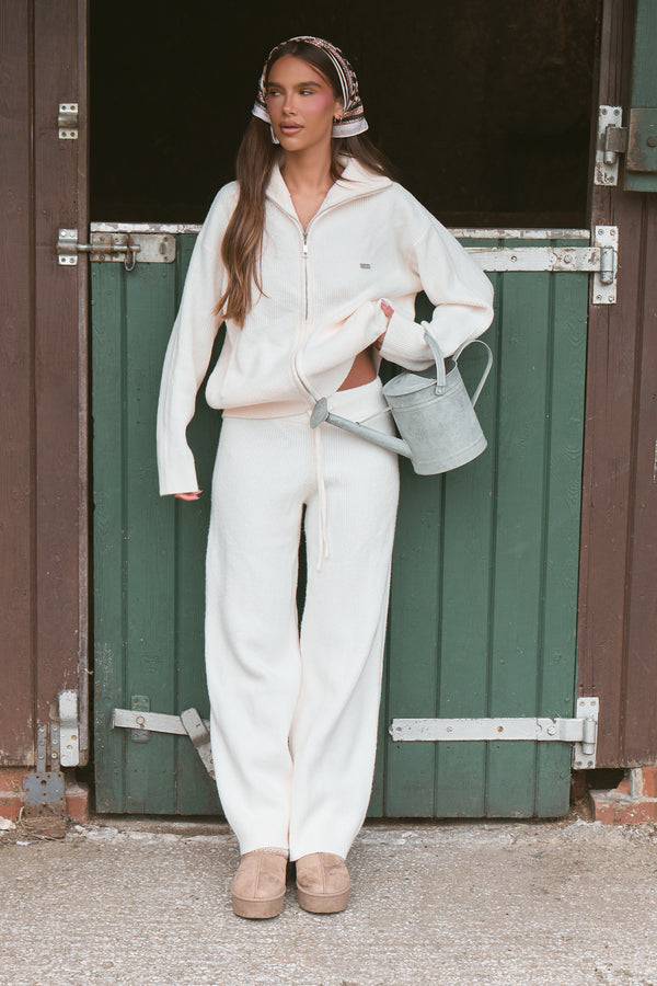 Kaiia Knit Oversized Funnel Neck Zip Through Jacket Cream