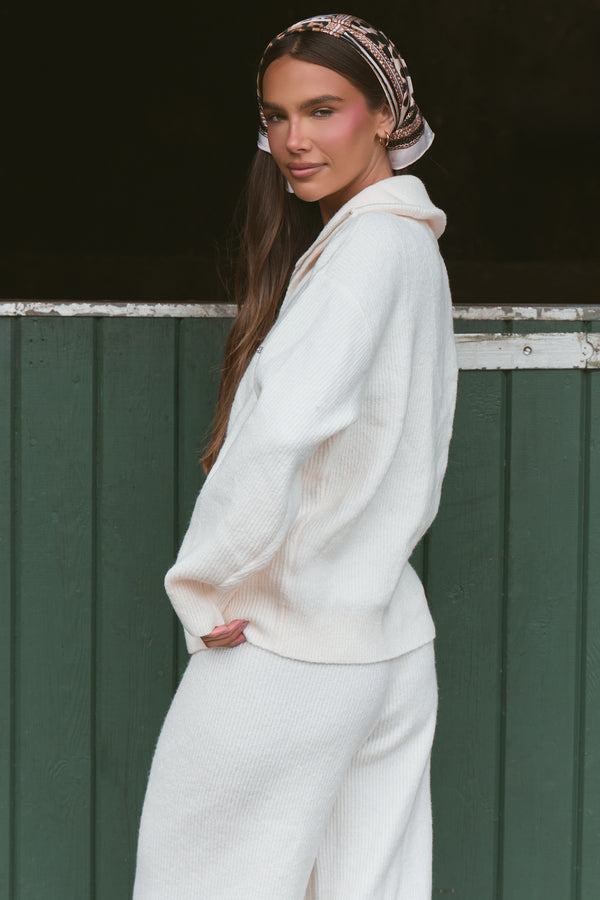 Kaiia Knit Oversized Funnel Neck Zip Through Jacket Cream