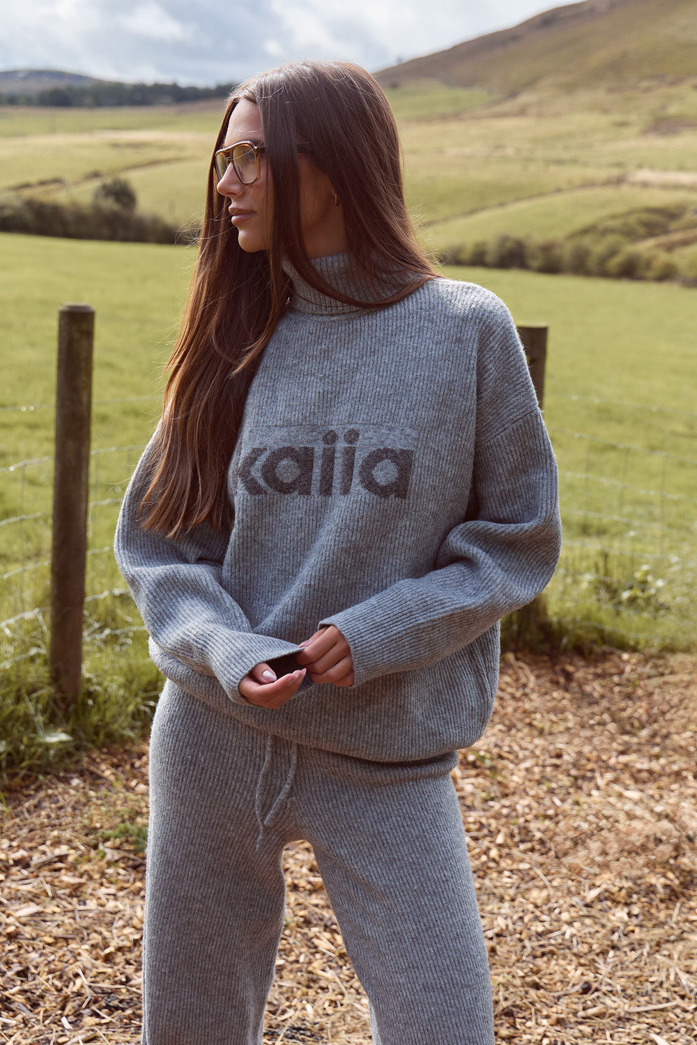 Kaiia Knit High Neck Oversized Sweatshirt Grey Marl