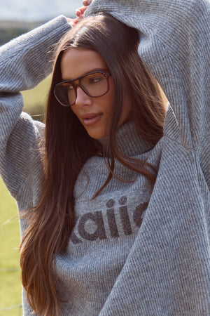 Kaiia Knit High Neck Oversized Sweatshirt Grey Marl
