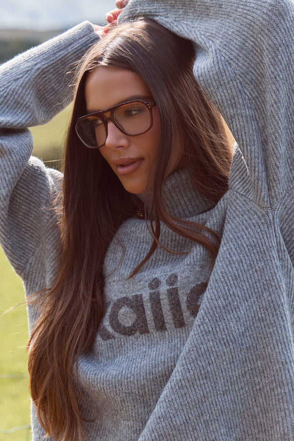 Kaiia Knit High Neck Oversized Sweatshirt Grey Marl