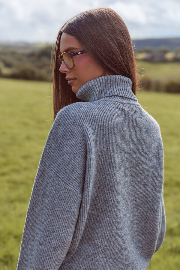 Kaiia Knit High Neck Oversized Sweatshirt Grey Marl
