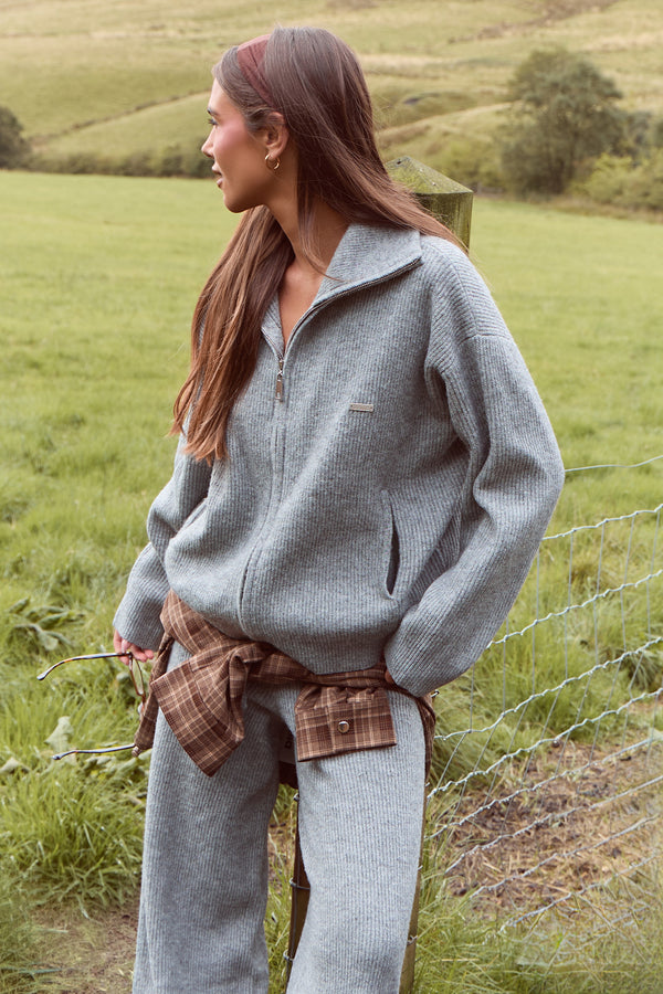 Kaiia Knit Oversized Funnel Neck Zip Through Jacket Grey Marl