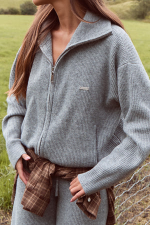 Kaiia Knit Oversized Funnel Neck Zip Through Jacket Grey Marl
