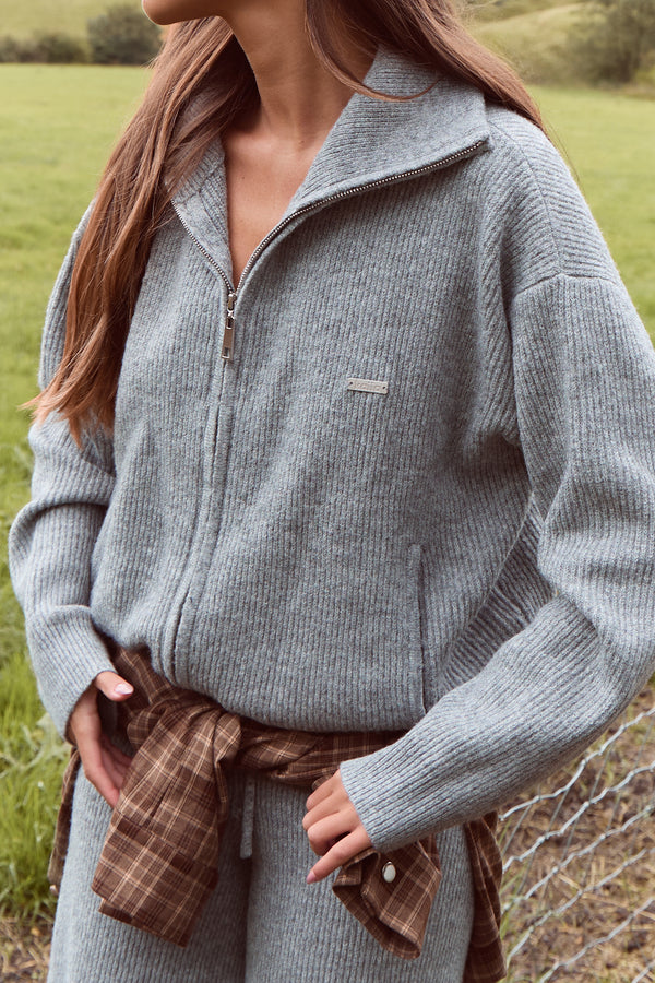 Kaiia Knit Oversized Funnel Neck Zip Through Jacket Grey Marl