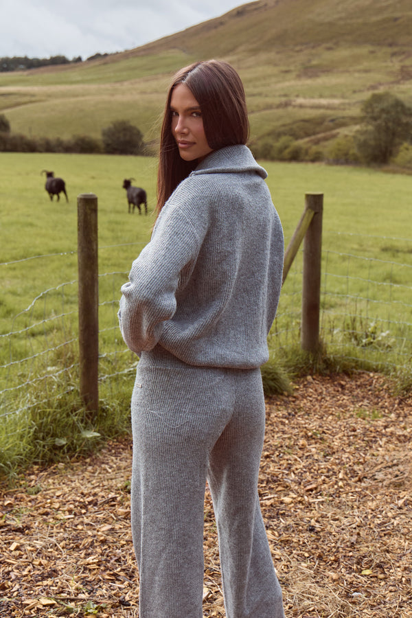 Kaiia Knit Oversized Funnel Neck Zip Through Jacket Grey Marl